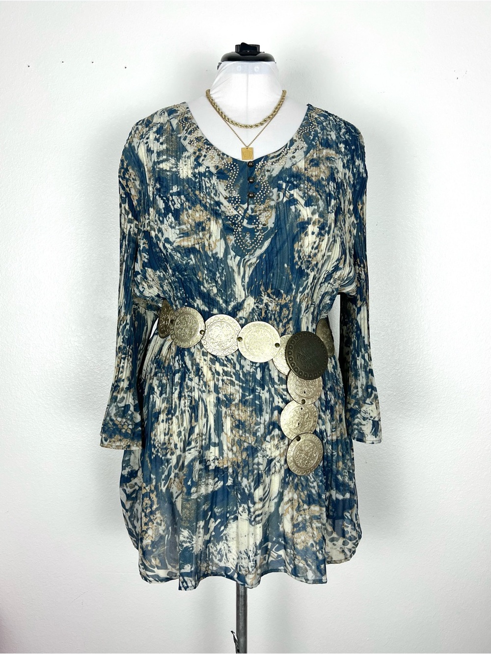Catherines Blue and Cream Printed Tunic with Decorative Coin Belt